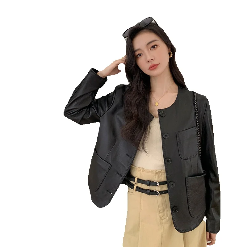 

Explosive Leather Jacket For Women's Short Cotton Sheepskin Leather Jacket With Lychee Pattern Round Neck And Fragrant Leather J