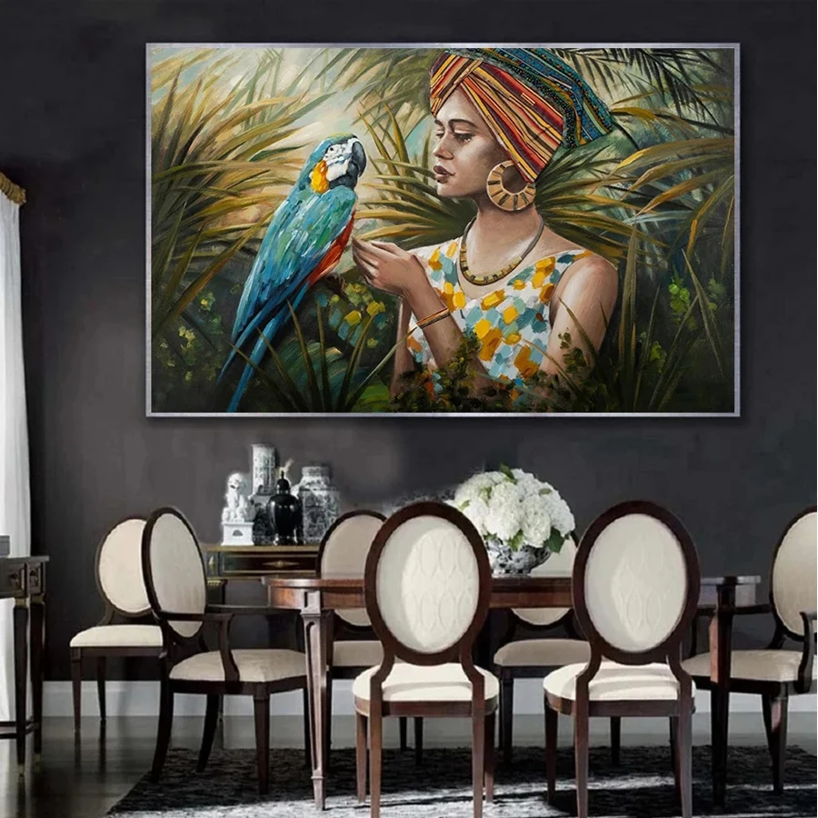 Blue Tropical Jungle Parrot Graffiti Art African Women Character diamond painting cross stitch 5D mosaic embroidery full drill