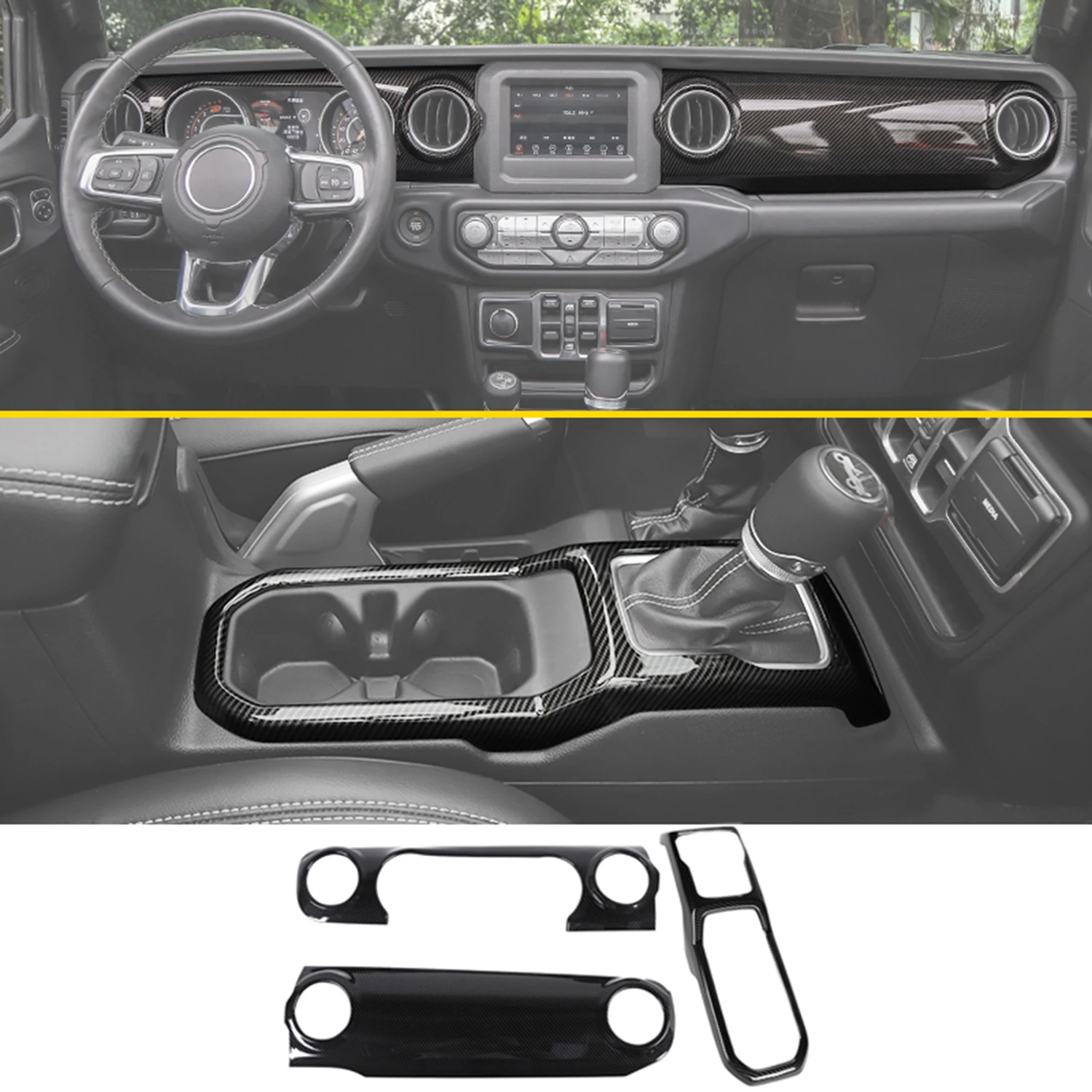 for Jeep Wrangler JL 2018-2023 Interior Accessories Dashboard Decorative Cover Carbon Fiber Look Cup Holder Center Console Trim