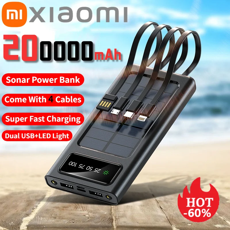 

Xiaomi 200000mAh Solar Power Bank Solar Battery Large Capacity Two-way Fast Charging Built-in Cable Power Bank External Battery