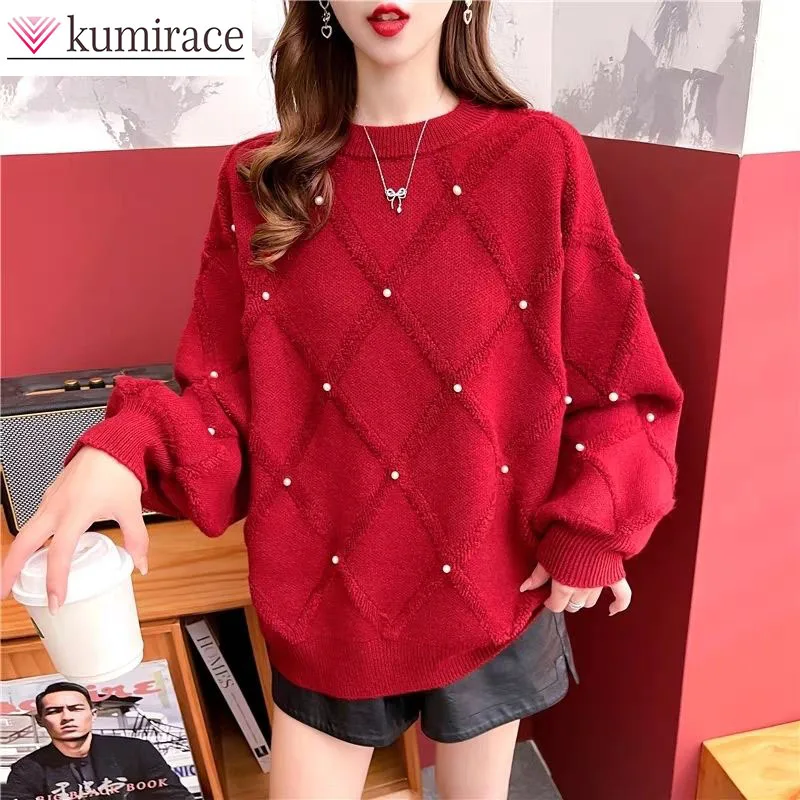 

Women's Thick Base Sweater, Loose Fit Pullover, Explosive, Red, Korean Fashion, New, Autumn, Winter, 2024