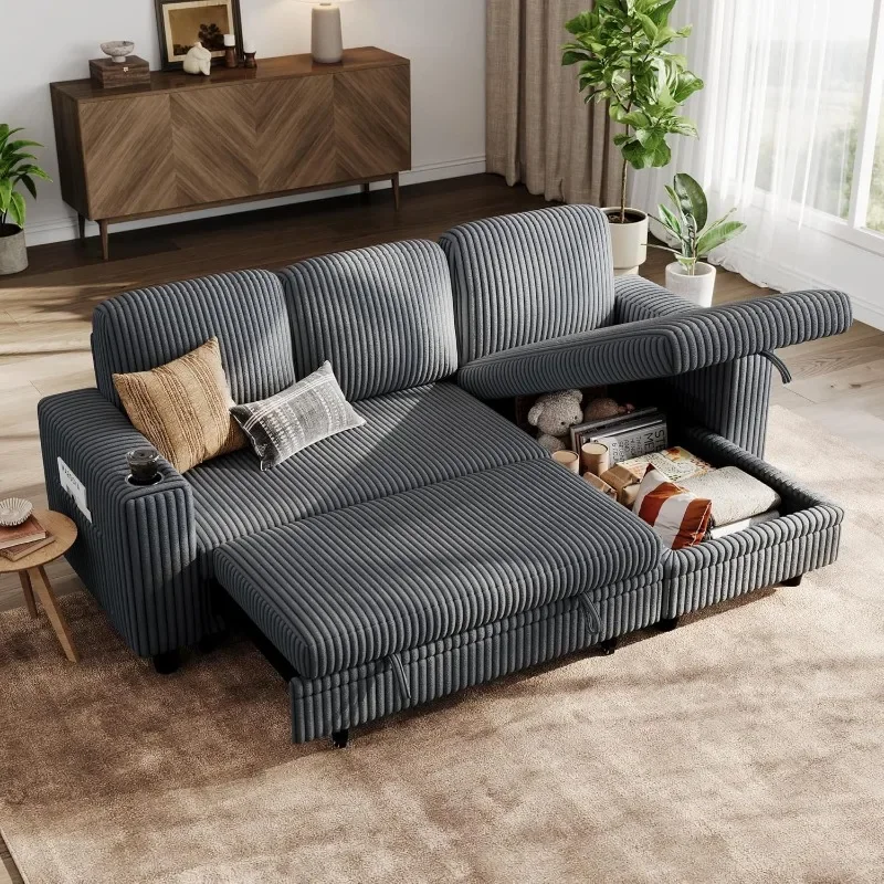with Storage Chaise & USB Charg Sectional Sleeper Sofa with Pull Out Couch Bed Convertible Plush Corduroy Cloud Couch