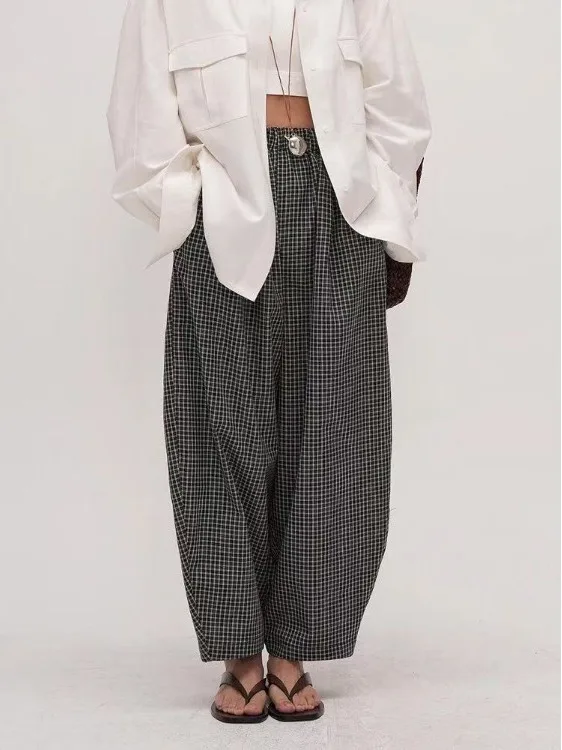 

Повседневные женские брюки в клетку свободного кроя, весна-осень, в стиле ретро, с художественным декором, универсальные, модные, длиной 7/8