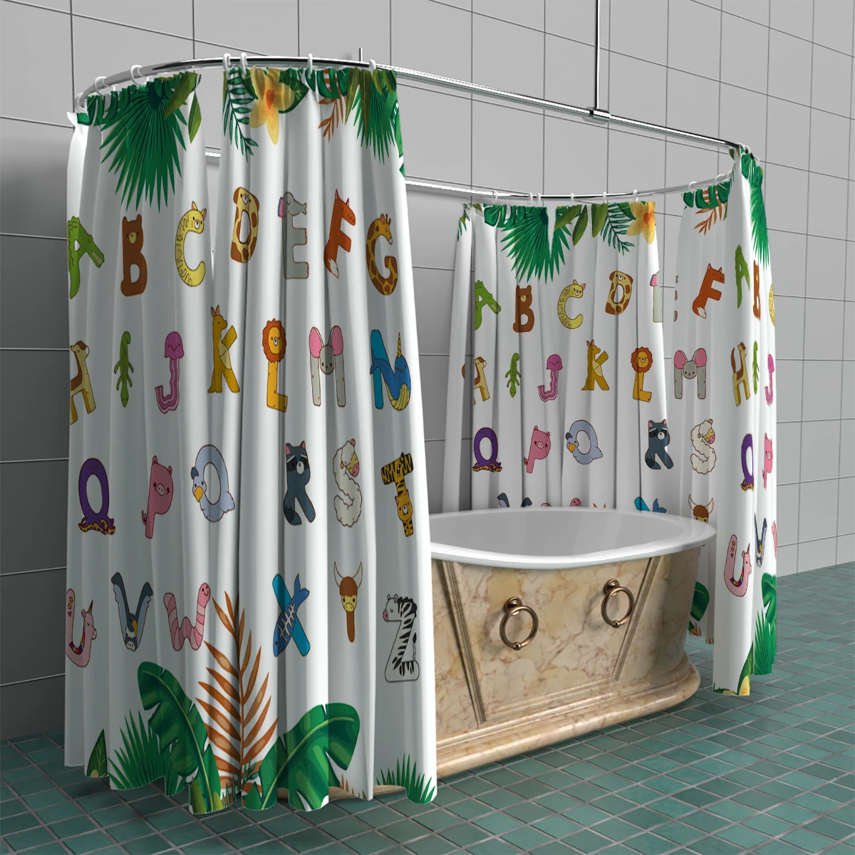 Kids Educational Learning Alphabet Tool Shower Curtains Set with 12 Hooks, Funny Teaching Words Colorful Bathroom Decor