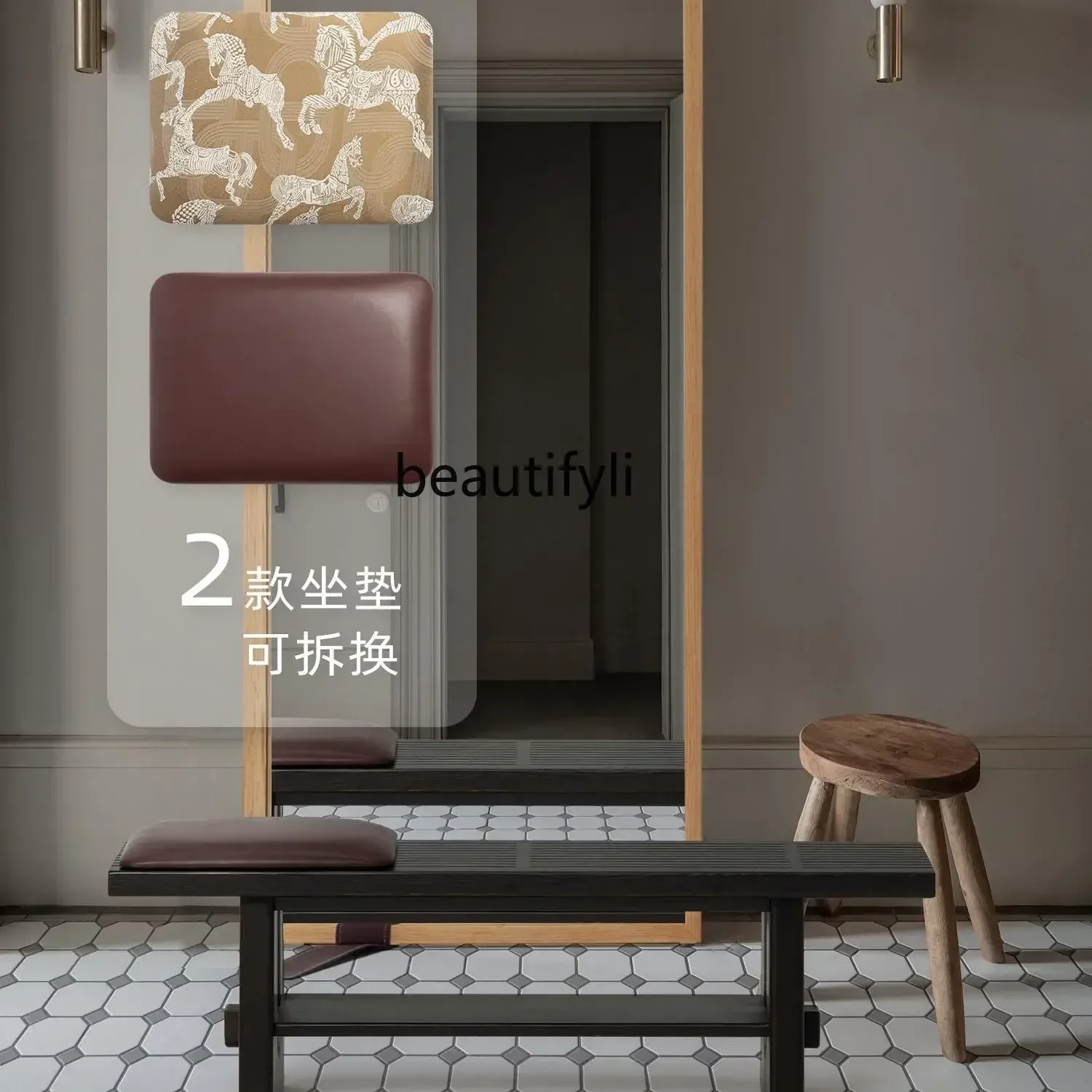 TTT New arrive Ash wood solid wood shoe changing stool royal horse embroidery seat bag double storage bedside stool