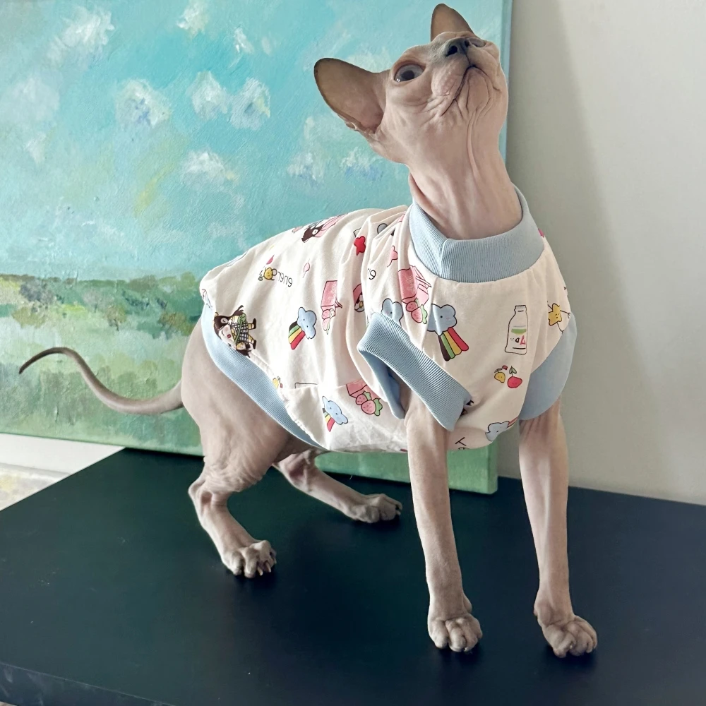 Soft Cotton Short Sleeves T-Shirt for Sphynx Cat Dogs in Summer Blue Cute Coat Elestic Cartoon Pajamas for Kittens Pet Supplies