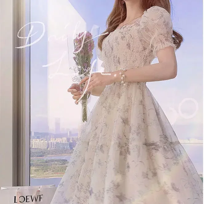 2024 Summer New French Ink Painting Puff Sleeve Slimming Elegant Chiffon Dress Waist-fitted Women's Fragmented Floral Dress