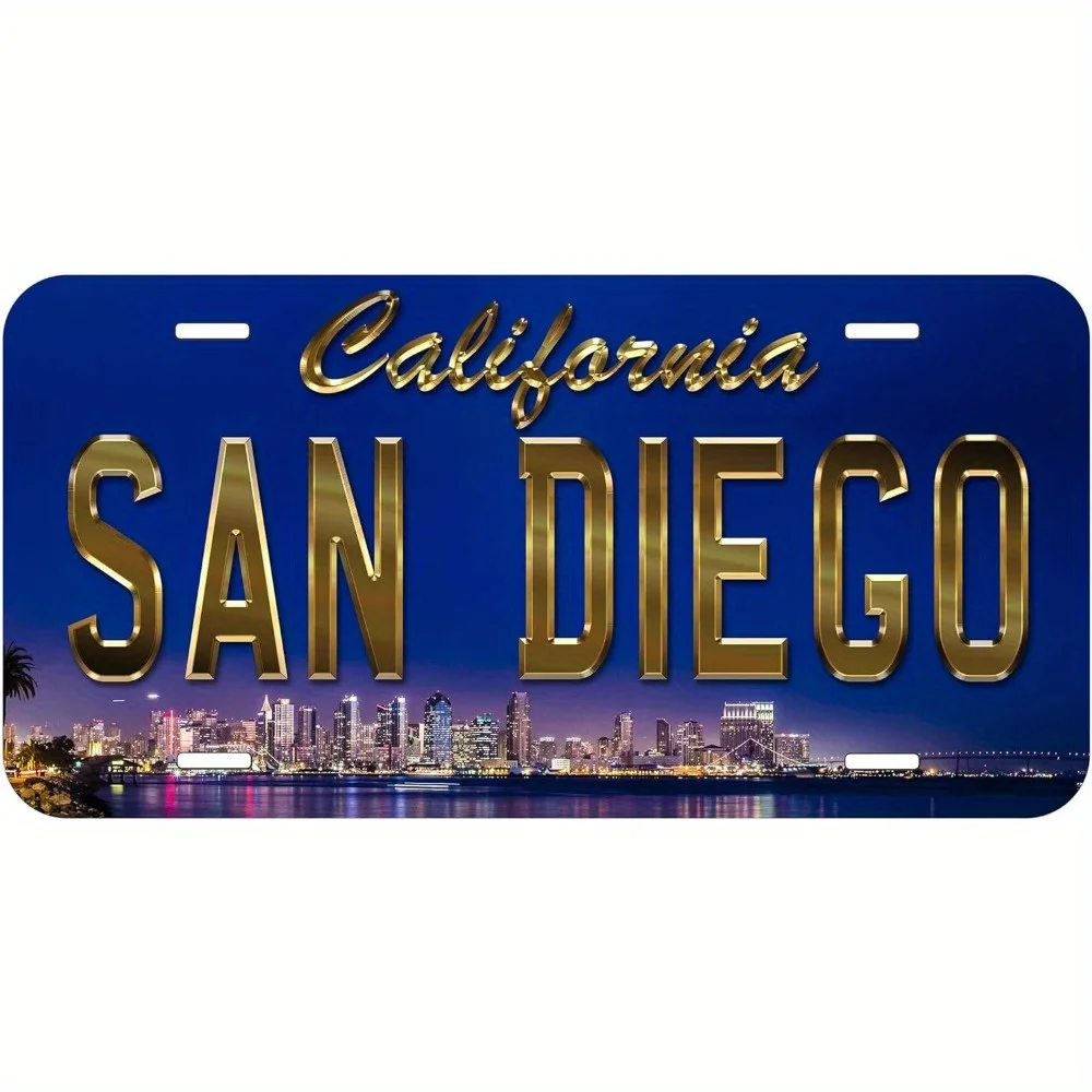 San Diego California License Plate Cover -  Aluminum Car Tag with Golden Cityscape Design, Rustproof & Weather-Resistant