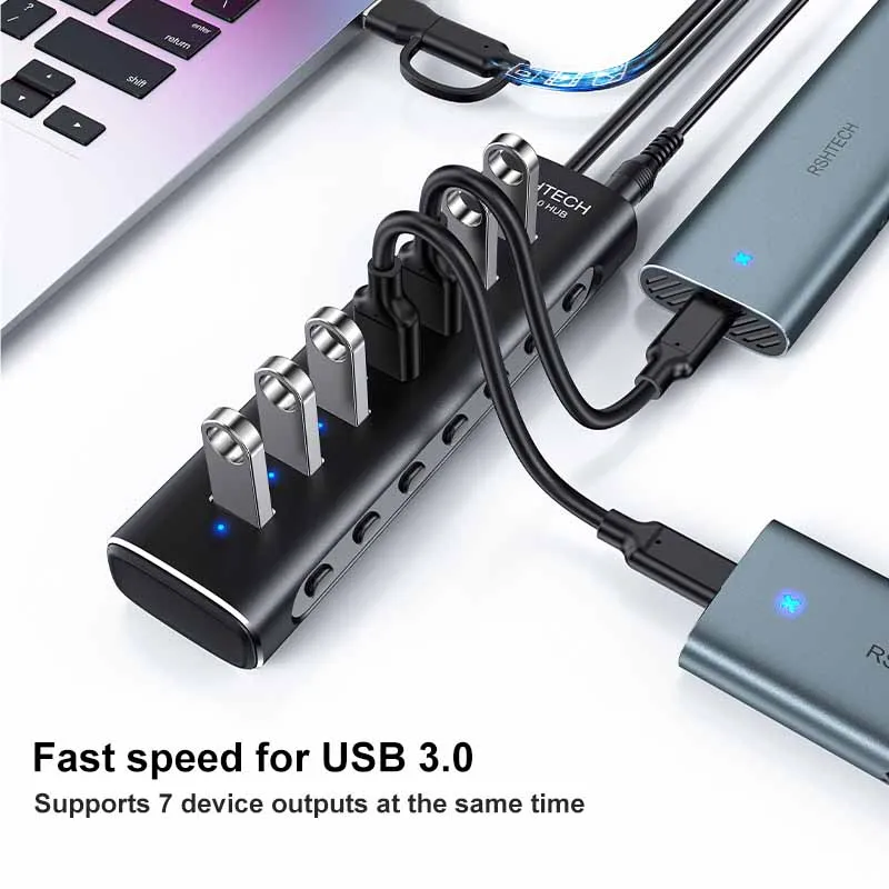 RSHTECH 3.0 USB Hub 7-Port Powered 5Gbps USB Data Hub Splitter with Individual on/Off Switches USB Extension for MacBook Laptops