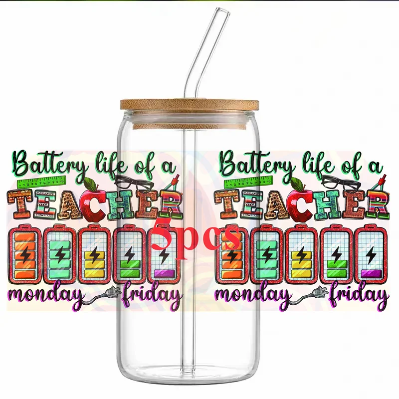 5pcs UV DTF Transfer Sticker For 16oz Libbey Glass Cups Wrap Transfer Stickers Waterproof Bottle Adhesive Sticker