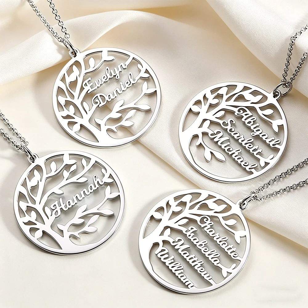Custom Stainless Steel Tree Of Life Personalized Necklace Multiple Names For Family Members Fashionable And Simple Holiday Gifts