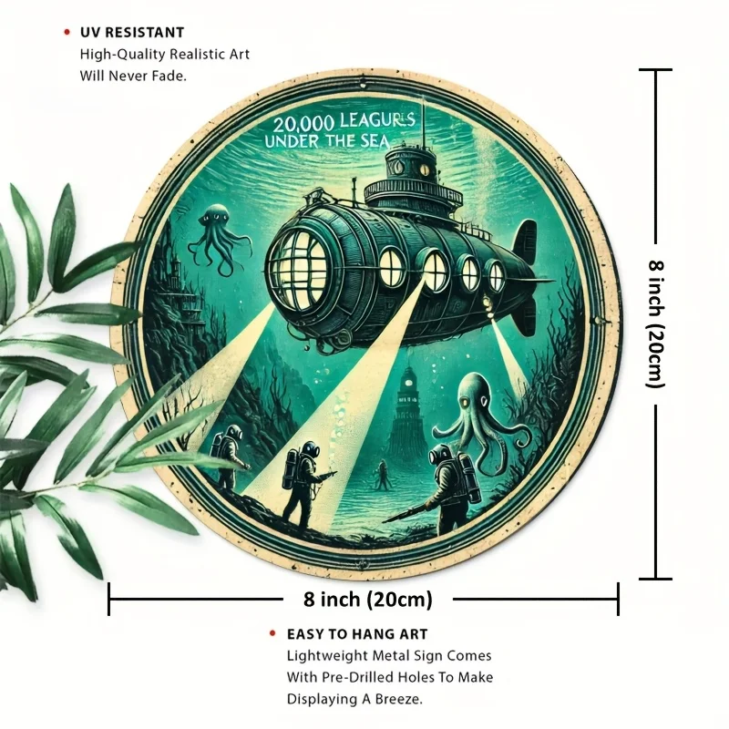 2D Wall Art - Classic Cover of Twenty Thousand Leagues Under The Sea - Vintage Sign, Round Metal Plaque, Aluminum Wall Art Suita