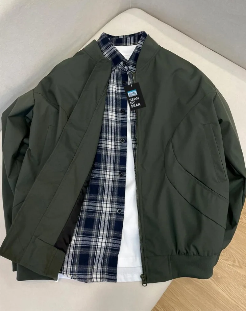

Spring Autumn Retro Jacket Outerwear Fashion Men Street Loose Casual Zipper Long Sleeves Pockets Baseball Jackets Tops Coat