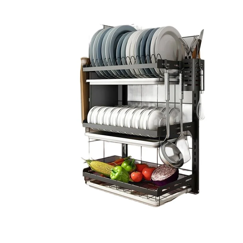 

Yuzhizhai Black Multifunctional No-Drill Kitchen Storage Rack Wall-Mounted Dish Bowl Knife Rack with Drainage Features