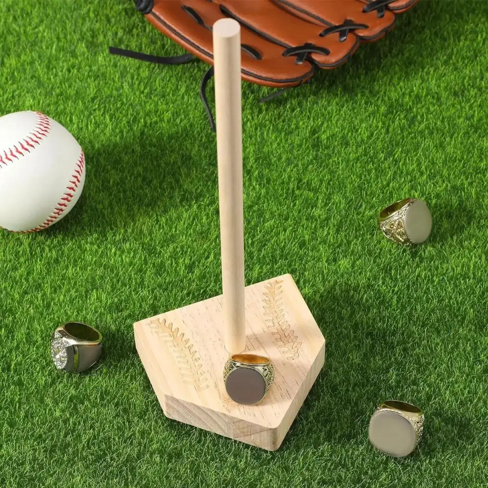 Wooden Baseball Ring Holder Championship Ring Display Stand with Baseball Texture Carving Capacity Organizer for Jewelry