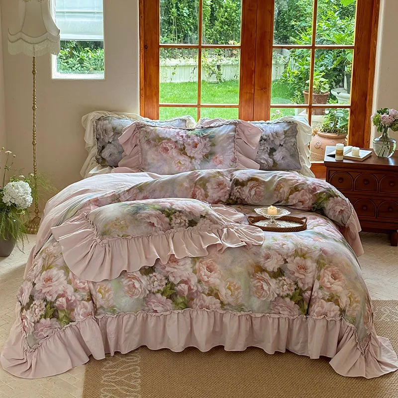 100%Cotton Chic Vintage Rose French Romantic Ruffle Fringe Bedding for all season 1Duvet cover 1Flat/Fitted sheet 2 Pillowcases