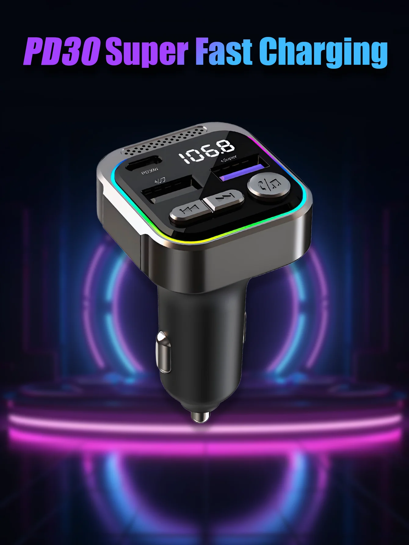 

Автомобильное зарядное устройство Bluetooth 30 Вт с кабелем USB Type-C PD для быстрой зарядки iPhone, Samsung, Huawei, Xiaomi
