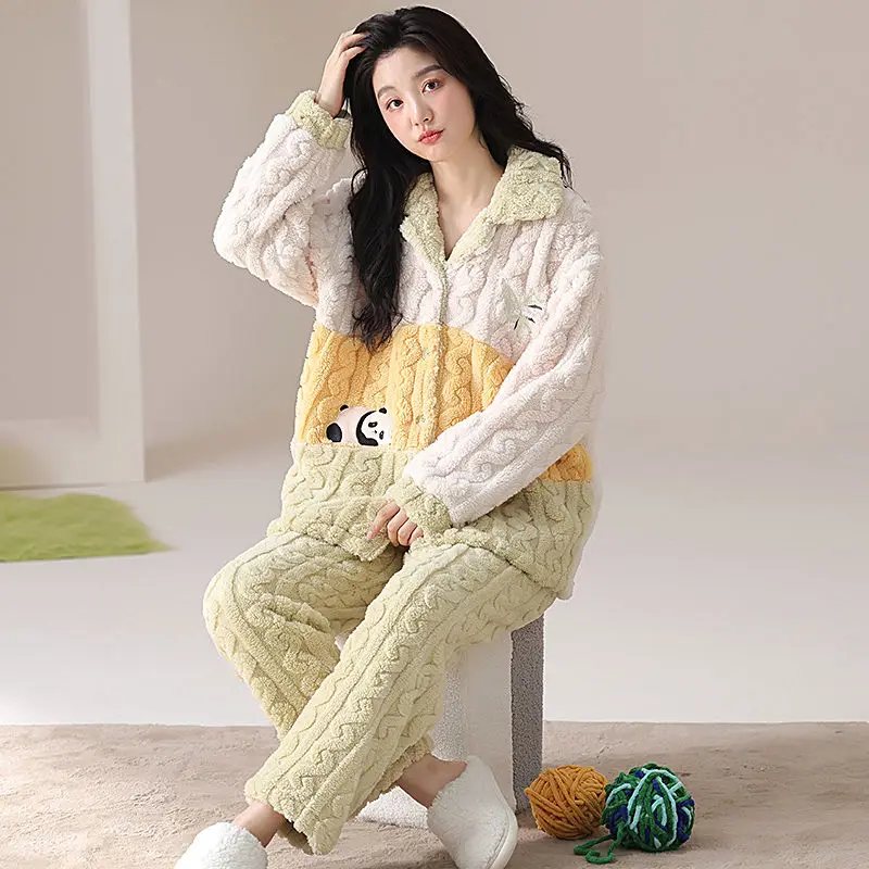 

New Flannel Cartoon Autumn Winter Loungewear Pajamas Women Cute Sweet Coral Fleece Two-piece Set Embroidery Cartoon Animation