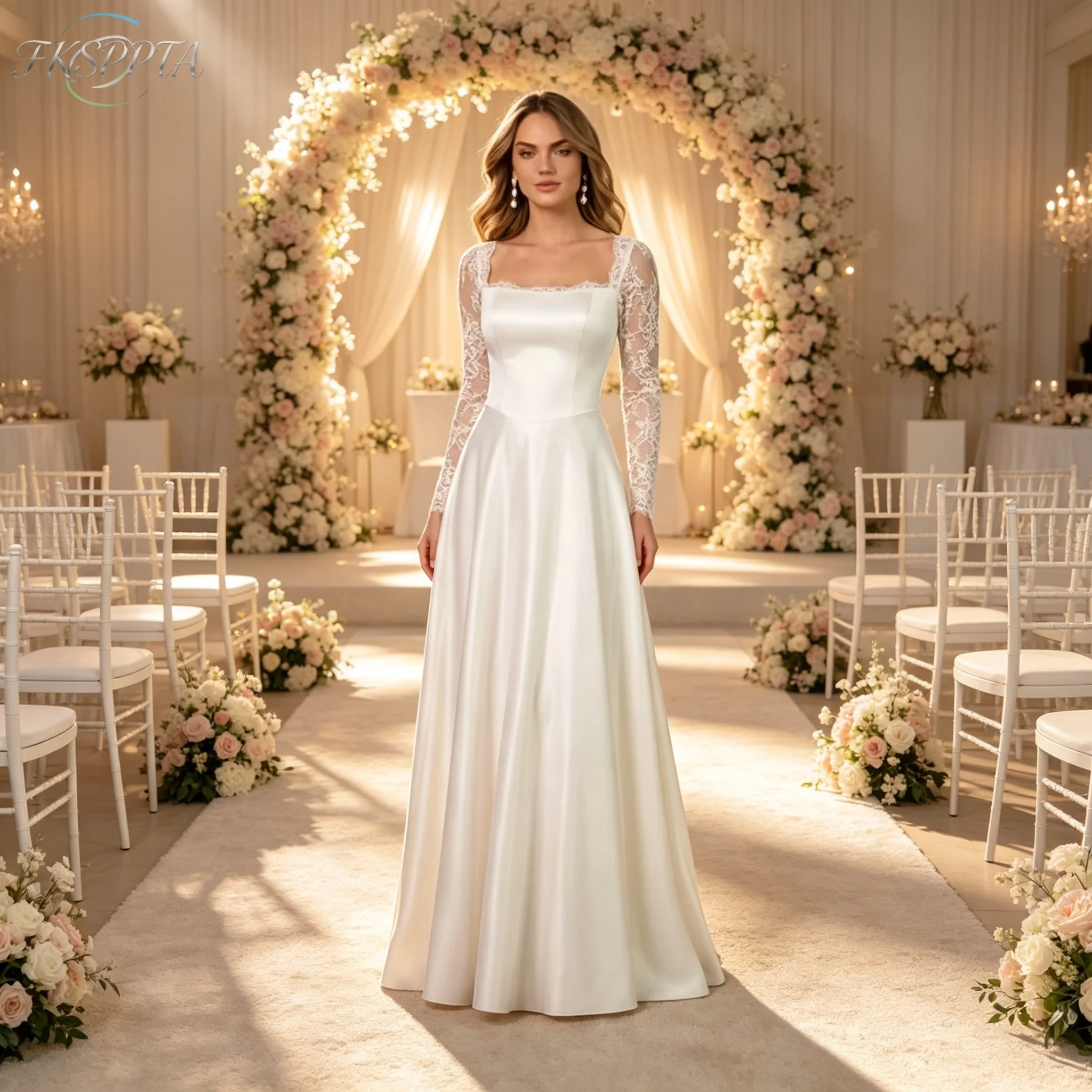 Eelgant Lace Long Sleeves Wedding Dress A Line Floor Length Satin High Quality Bridal Wedding Gowns Plus Size Vestido De Noiva