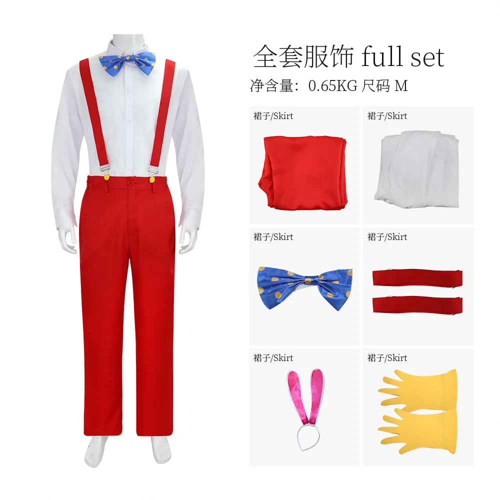 Who Framed Roger Rabbit Cosplay Costume For Men White Shirt Red Strap Trousers Suits with Gloves Headwear Halloween Party Outfit