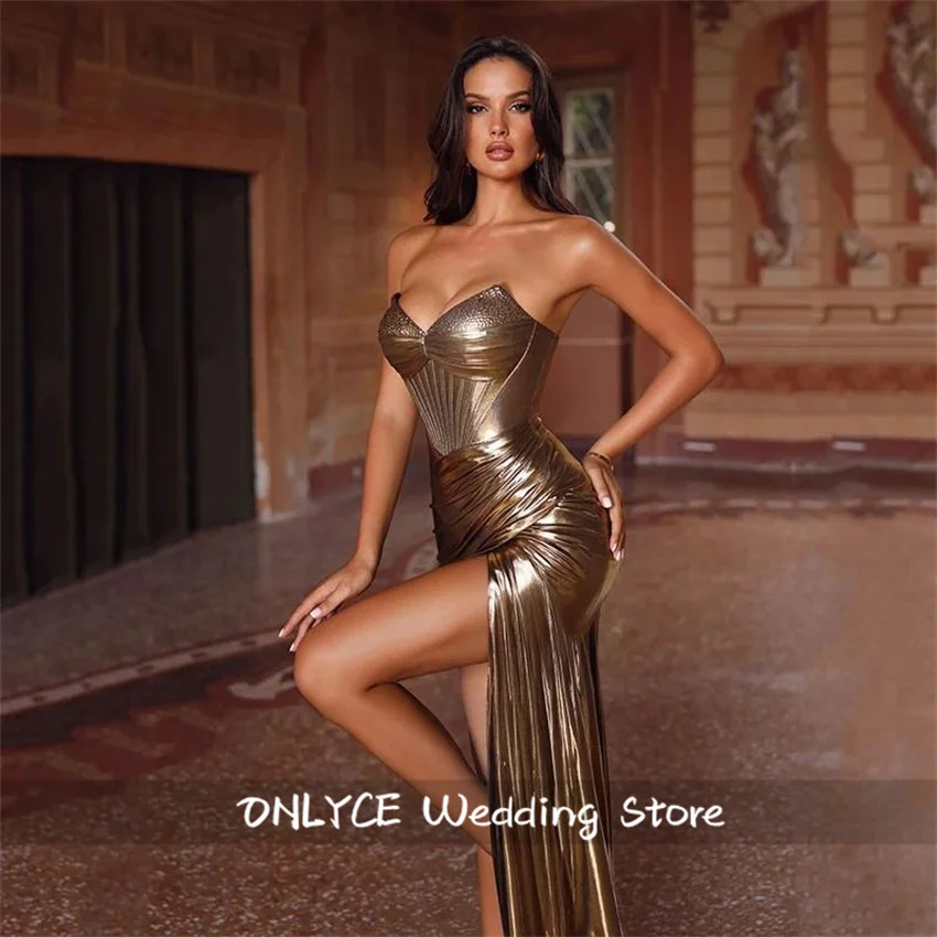 Gold Mermaid Evening Dress 2025 Sweetheart Side Split Prom Party Gown Wedding Reception Gowns Customized