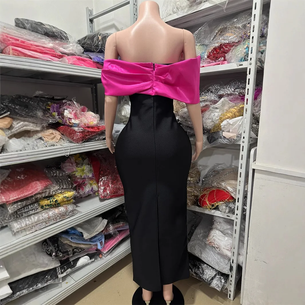 Robe de soirée élégante pour femmes, sans bretelles, Design Patch, longueur cheville, moulante, élastique, à bandes, une pièce, fête de célébrité