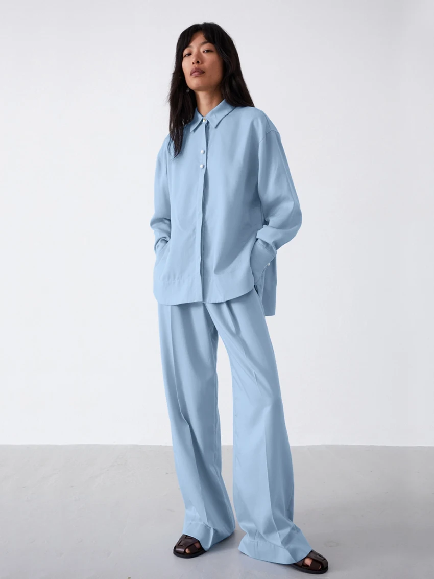

Marthaqiqi Casual Autumn Ladies Pajamas Set Turn-Down Collar Sleepwear Long Sleeve Nightgowns Pants Loose Female Nightwear Suit