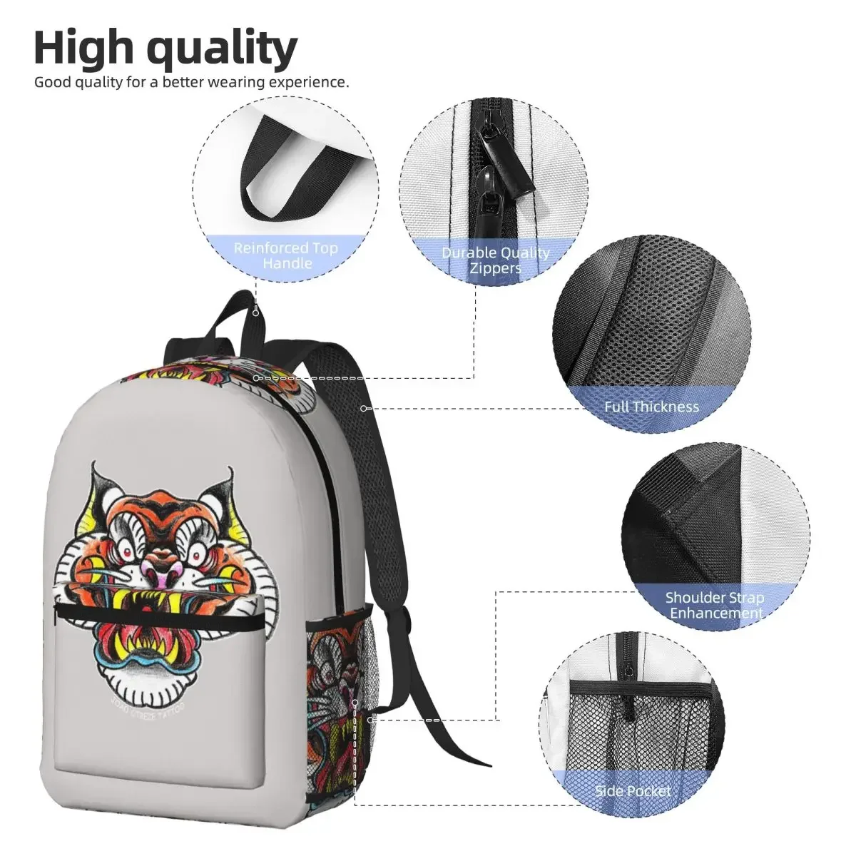 Retro Traditional Tattoo Cartoon Tiger Backpack Daypack Large Capacity Children BookBag School Bag Shoulder Bags for Men Women