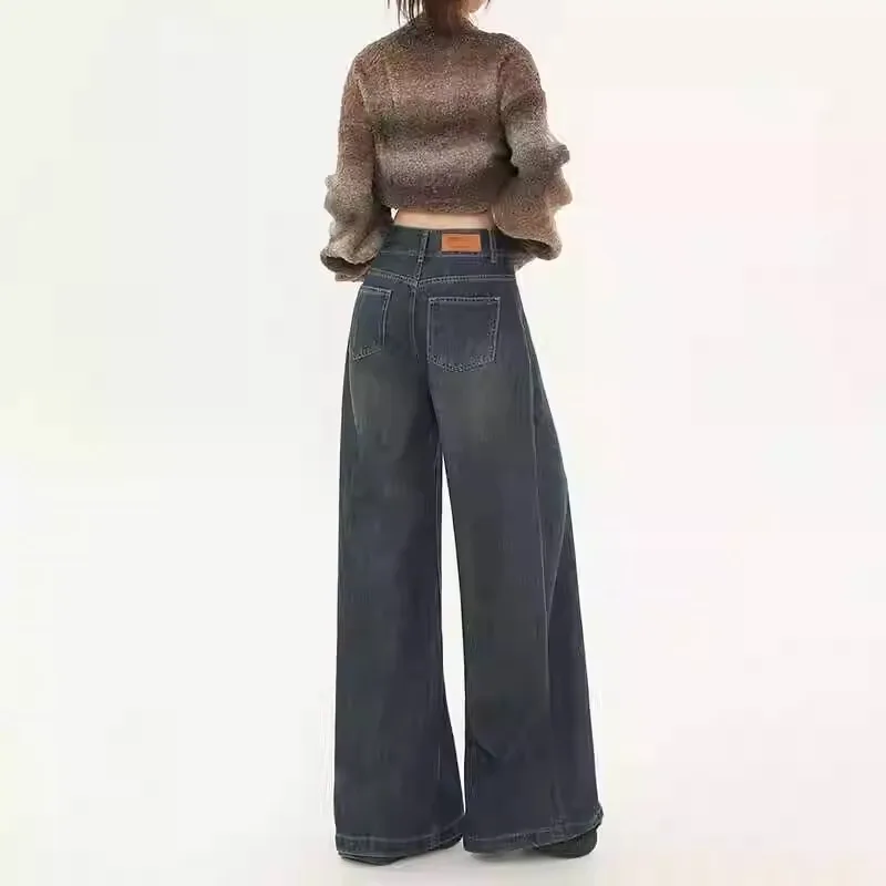 Jeans a gamba larga vintage a vita alta blu scuro da donna inizio autunno drappeggiato dimagrante design incrociato versatile pantaloni larghi fino al pavimento