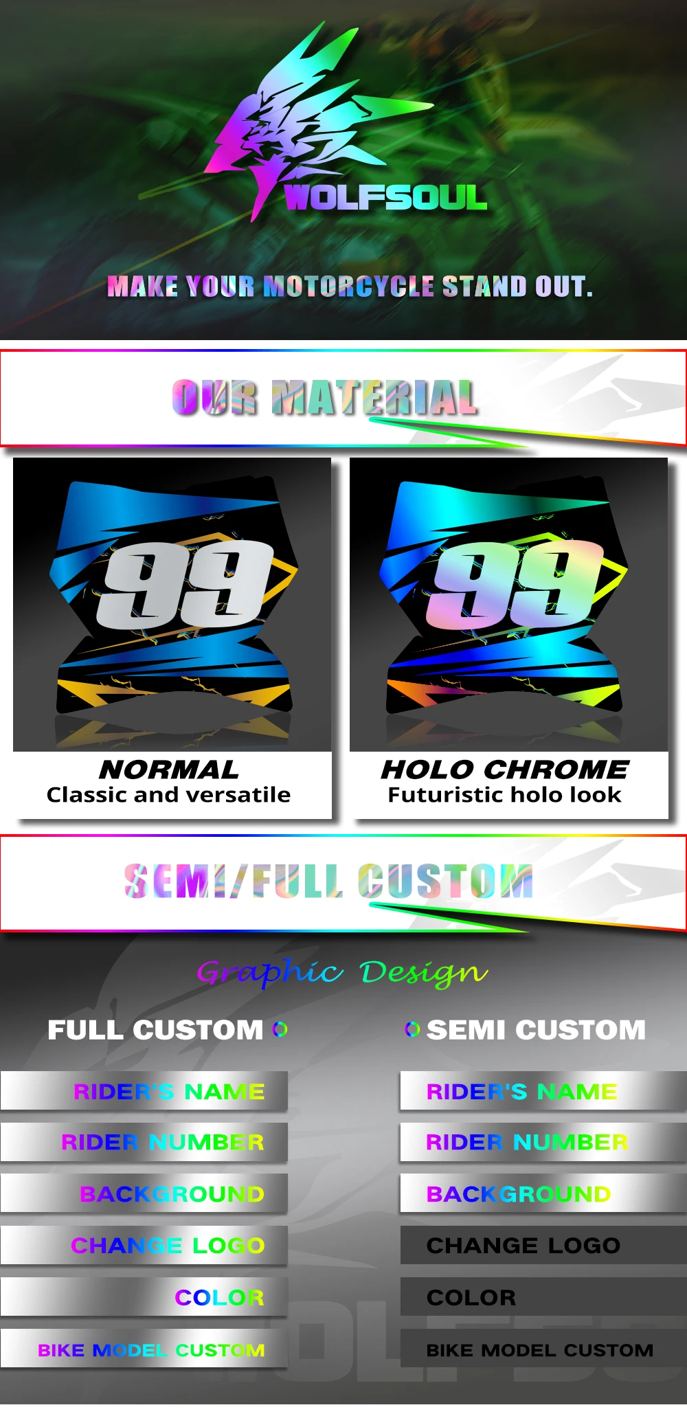 WOLFSOUL Motorcycle Decal Set Personalized New Style Design Number Rider Name