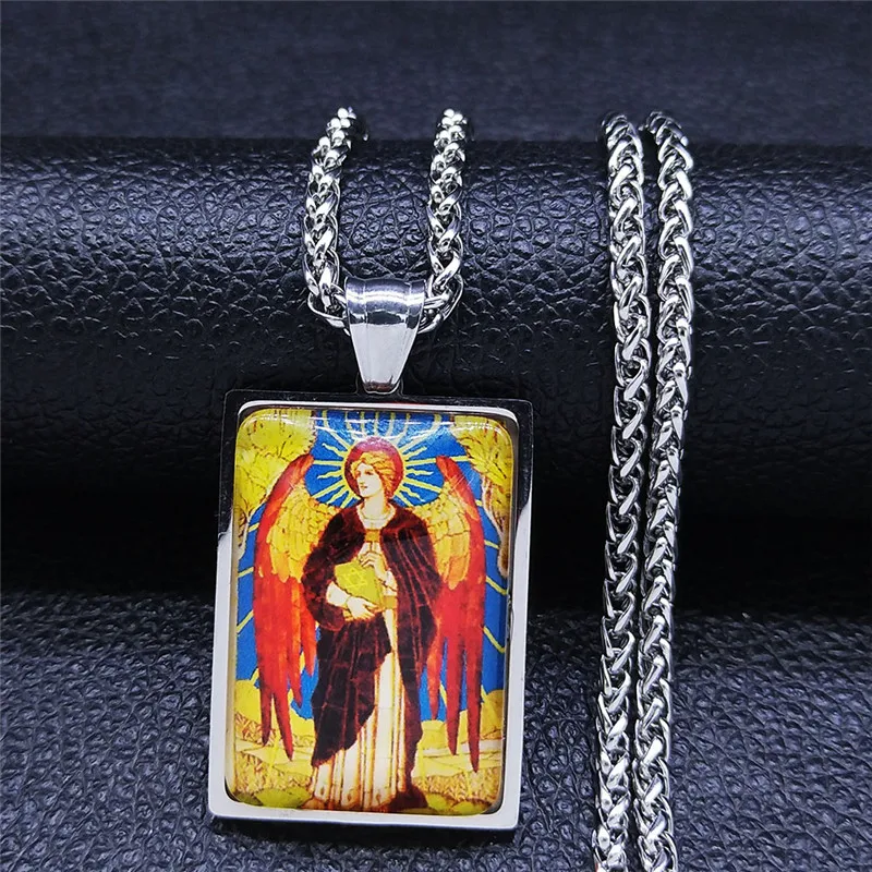 Archangel Saint Uriel Judaism Glass Stainless Steel Chain Necklace Silver Color Geometry Pendant Jewelry collier chaine NXS02