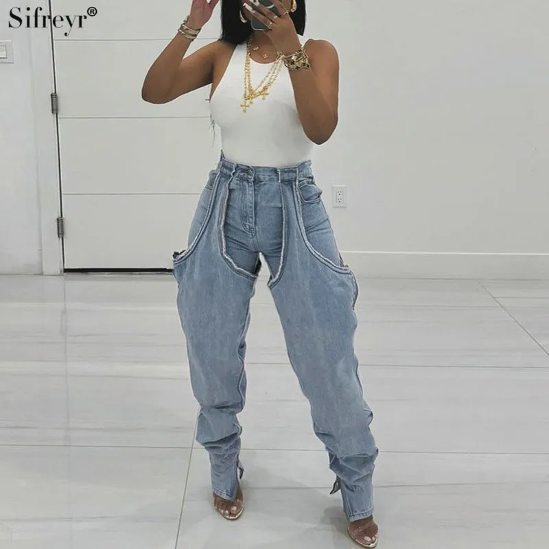 

Sifreyr Fashion Trend Irregular Hollow Out Trousers Fashion Sexy High Waist Casual Versatile Loose Button Fly Zippers Jeans