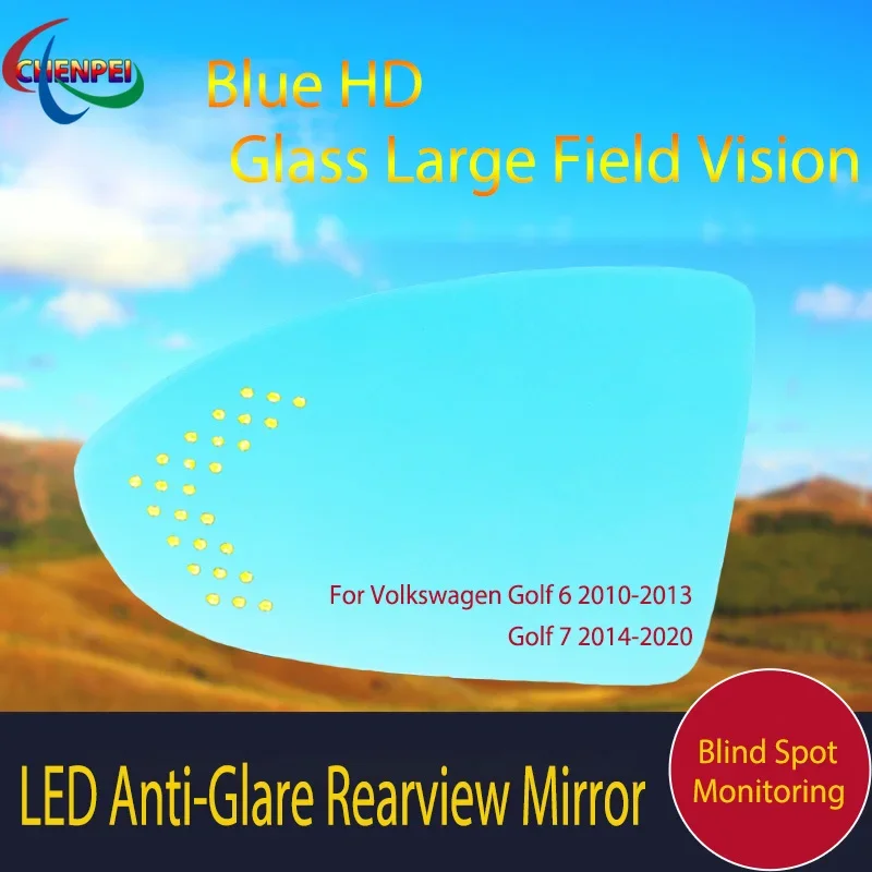 Large View Blue Mirror Anti-Glare Electrically Heated Rearview Mirror With LED Turn Indicator For Volkswagen Golf 6 Golf 7 10-20