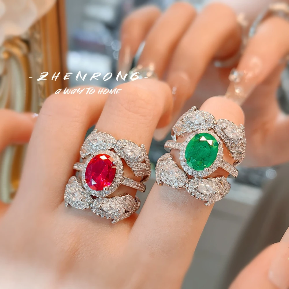 2pcs/set Exaggerated Tourmaline Ring for Women Geometric Gemstone Platinum Plating Vintage Cocktail Party Rings Set Fine Jewelry