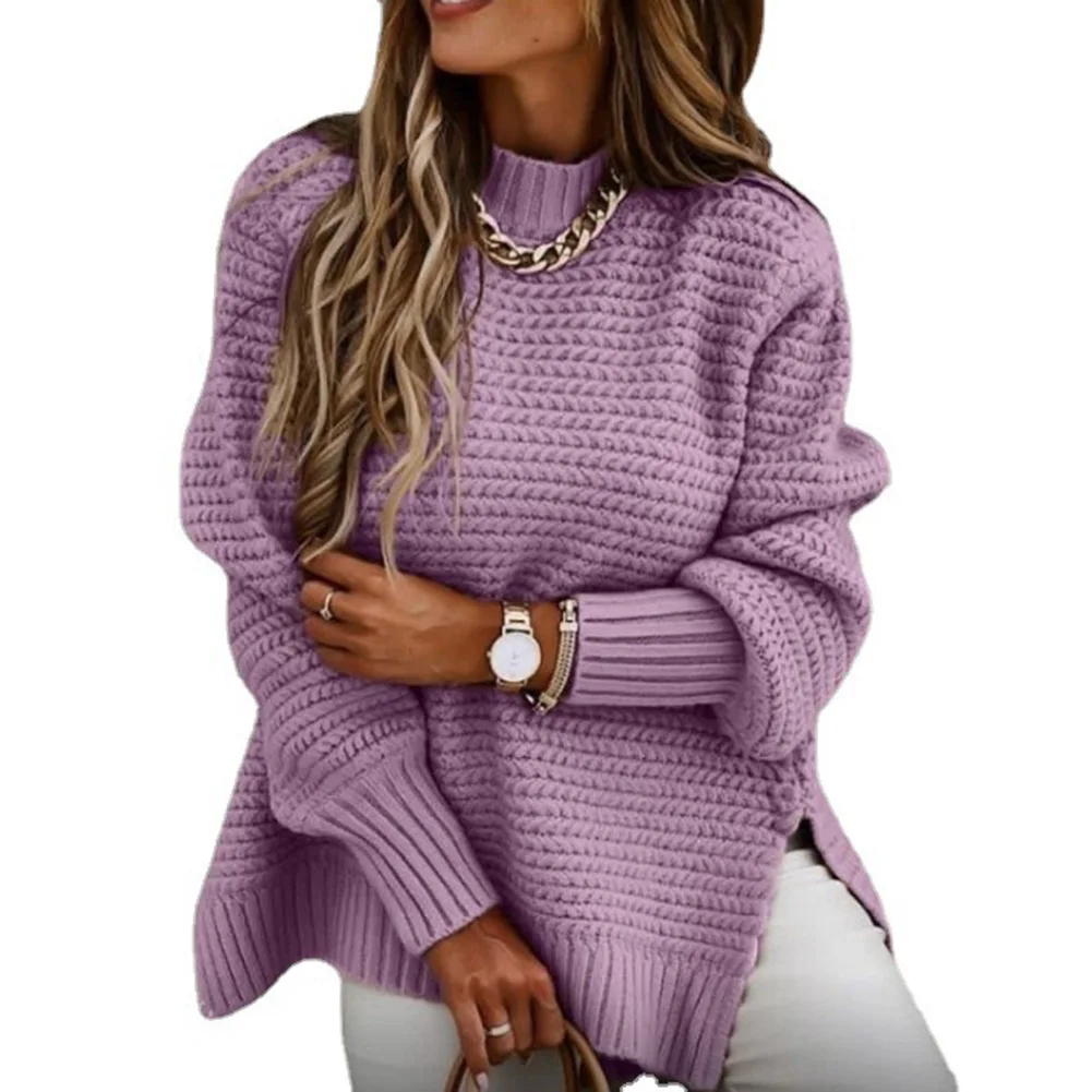 المرأة محبوك الملمس الصلبة عارضة سترة نصف الرقبة العالية طويلة الأكمام السترة