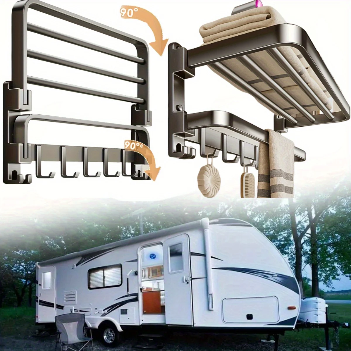 2-Story RV Foldable Towel Rack for Wall Storage, Saves Space in Campers. 90° Folding Design Organizes RV Accessories Efficiently