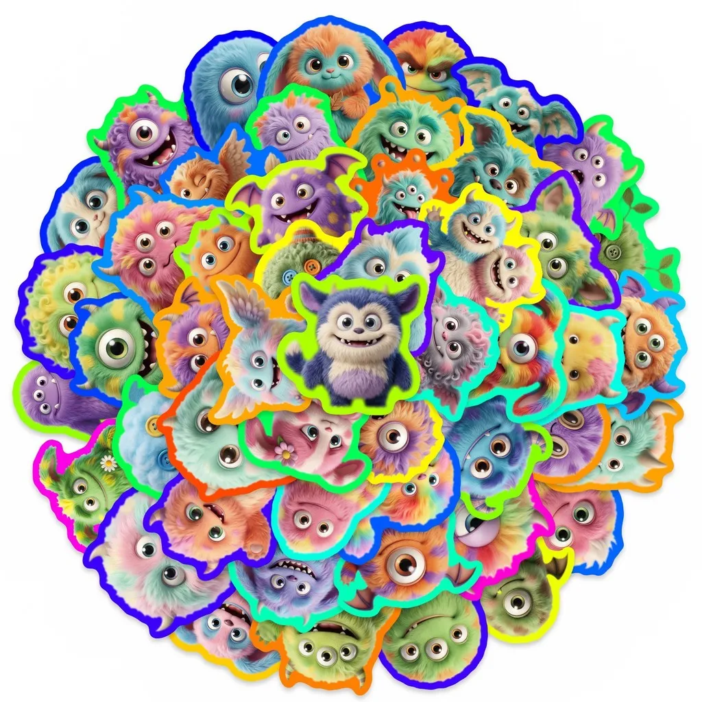 Fuzzy R Sticker 50Pcs Fuzzy Monster Stickers, Cute Cartoon Waterproof Decals for Kids ...