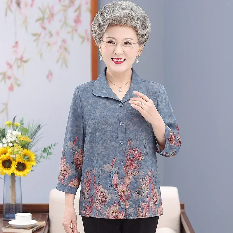 Elderly People Summer Clothes 60-70 Years Old Grandma Shirts Three Quarter Sleeves Casual Cardigan Blouse Women Blusas 7XL 8XL