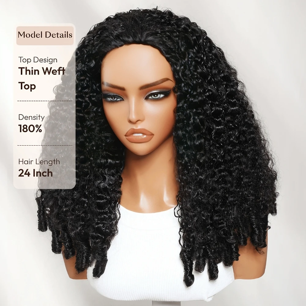 UNice Burmese Curly Half Wig Human Hair With Finger Coil Ends Seemless Hairline Flip Over Half Wig Ready To Wear Machine Made Wig