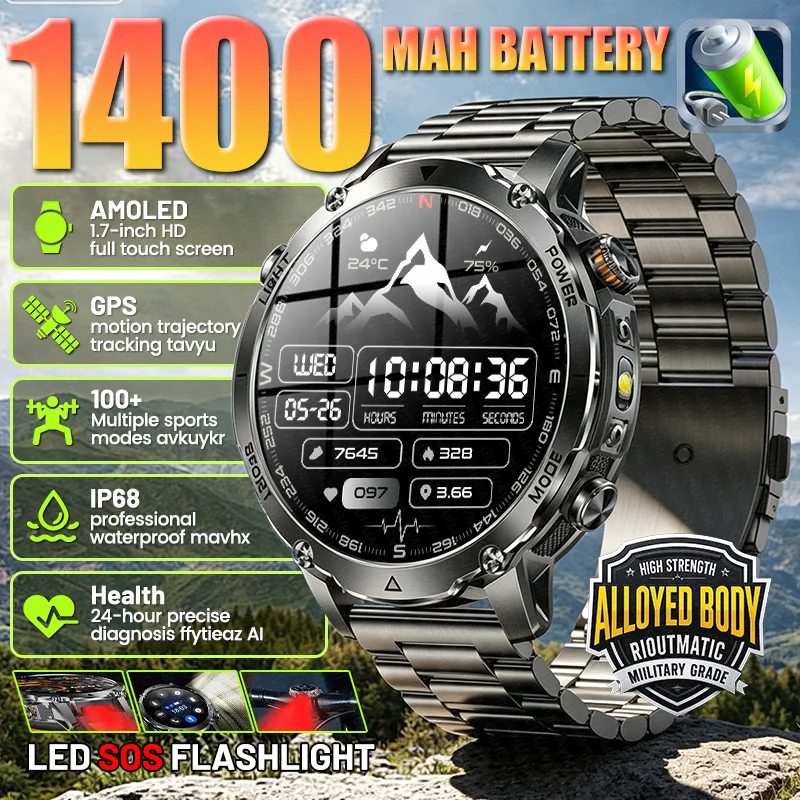 

New Men Outdoor 1400mAh Ultra Long Standby Battery Smart Watch GPS Flashlight Sports Waterproof Bluetooth Call AMOLED Smartwatch