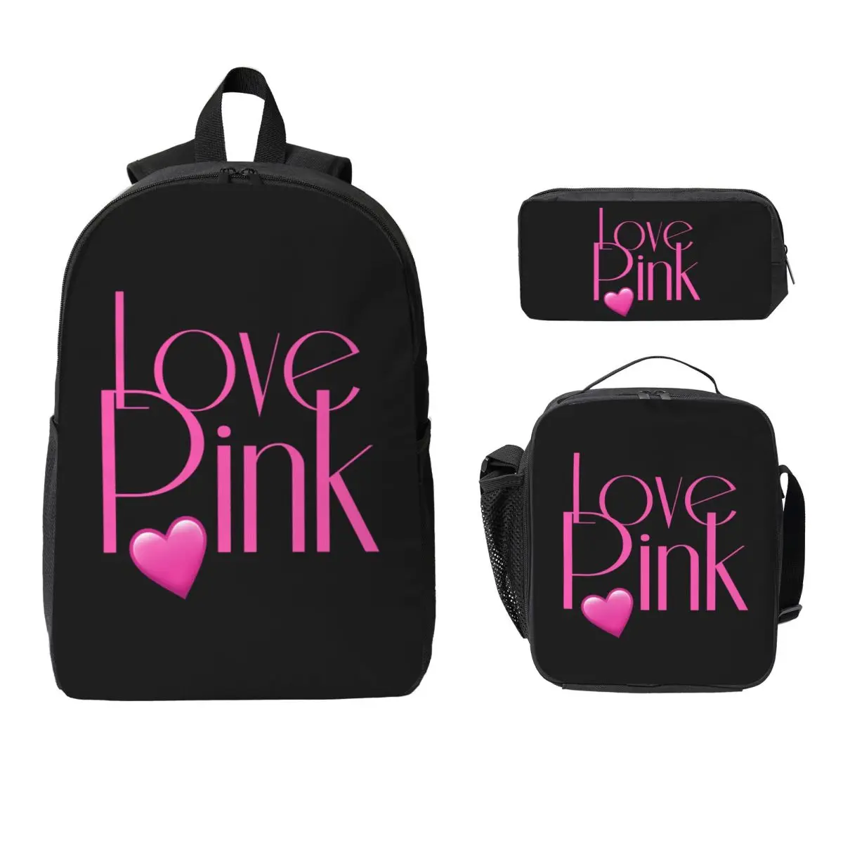 

Love Pink Backpack Student Boys Girls BookBag School Bag Computer Shoulder Bags 3ps Insulated Lunch Bag Pencil Case