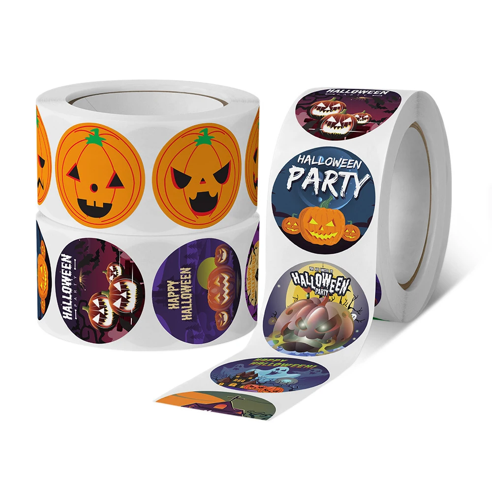 สติกเกอร์ฮาโลวีนสุขสันต์วันฮาโลวีนสติกเกอร์กระดาษลายฟักทองตลกสำหรับเป็นของขวัญกระเป๋าใส่ของฉลากปิดผนึกของตกแต่งงานฮาโลวีน500ชิ้น