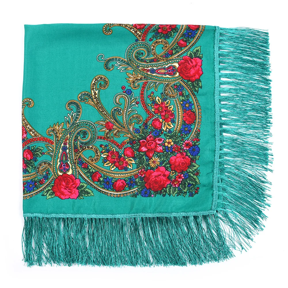 100*100cm Russian Scarf Women Luxury Floral Print Square Ukrainian Fringed Bandana Shawl Babushka Handkerchief Head Wraps