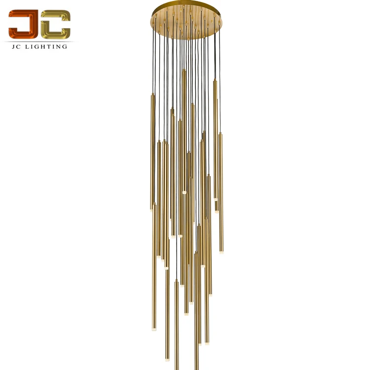 JC LIGHTING Luxury modern gold pendant lamp stainless gold tube chandelier adjustable sling droplight for apartment stairwell