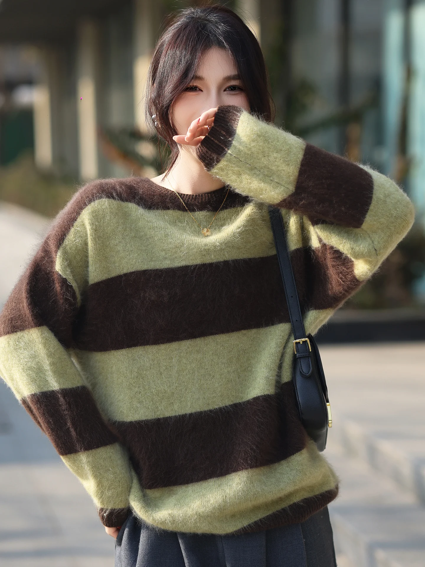 

New Fashion Women's 100% Merino Wool Sweater Winter Knitwear Loose Pullover Striped Thick Blouse Lady Tops Long Sleeve Clothes