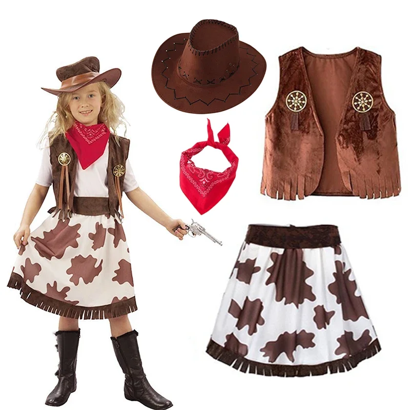 Kinder Mädchen Western Cowgirl Komplettes Kostüm-Set Wild-West-Outfit für Halloween Cosplay Geburtstag Karneval Bühnenparty – Detail 2