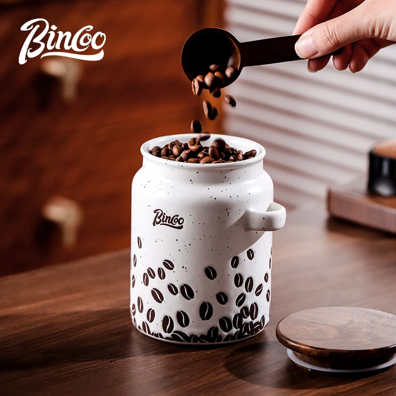 Bincoo 500ml Ceramic Coffee Canister with Wooden Lid & Spoon, Airtight Coffee Bean Storage Jar, Black with Coffee Bean Pattern