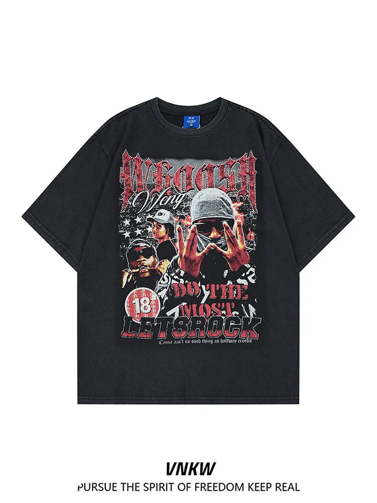 

Американская хип-хоп футболка с принтом и стразами, свободного кроя, с круглым вырезом, повседневная, хлопковая, в стиле High Street, универсальная