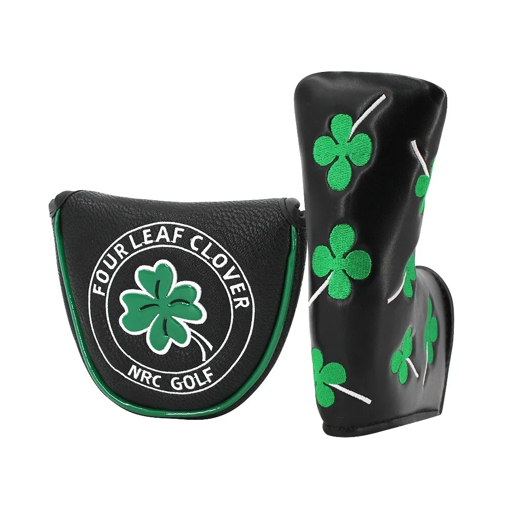 Good Luck Four Leaf Clover Golf Putter Cover For Mallet Blade Club Waterproof PU Leather Golf Head Cover White Black Protector