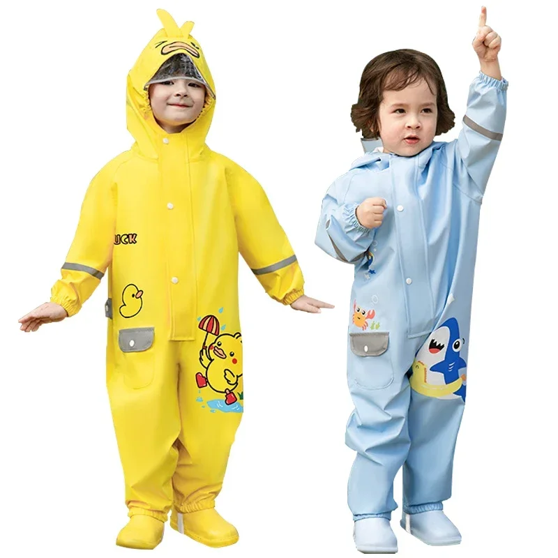 

2024 cartoon hooded baby girls rain jumpsuit outdoor sport boy overalls waterproof one piece children pants beach kids trousers